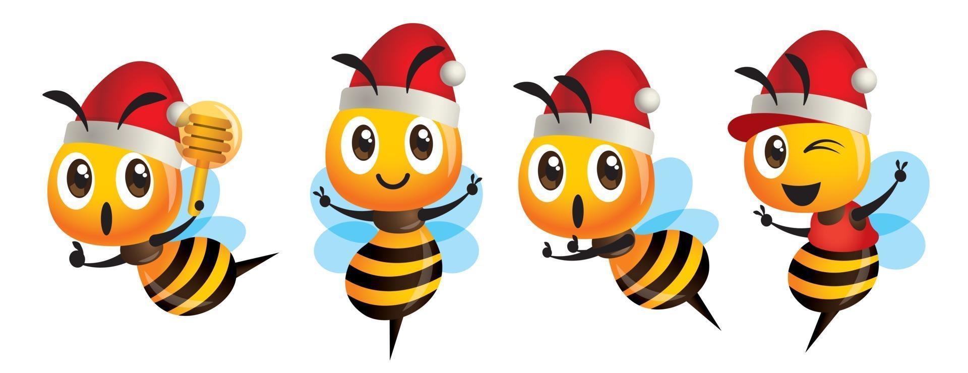 Cartoon cute bee celebrating Merry Christmas mascot set vector