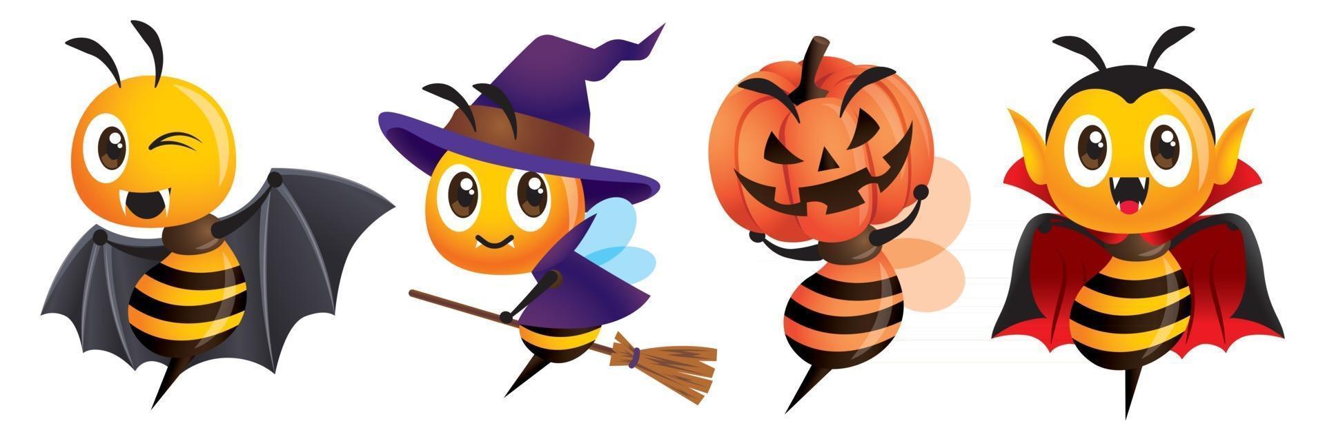 caricatura, lindo, abeja, disfraces de halloween, mascota, conjunto, con, y, vampiro, elemento vector