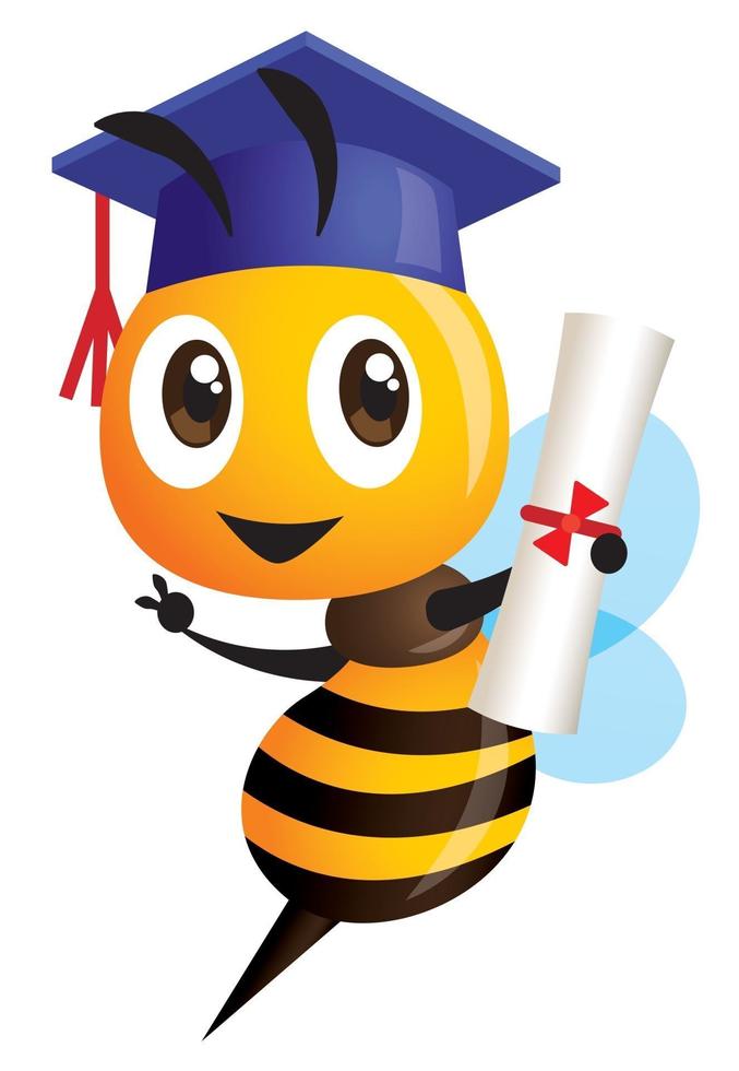 Cartoon cute happy bee mascot wears graduation cap and holding a graduation certificate vector