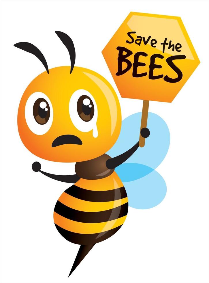 Sad bee cartoon cry for save the bees with honeycomb signboard vector