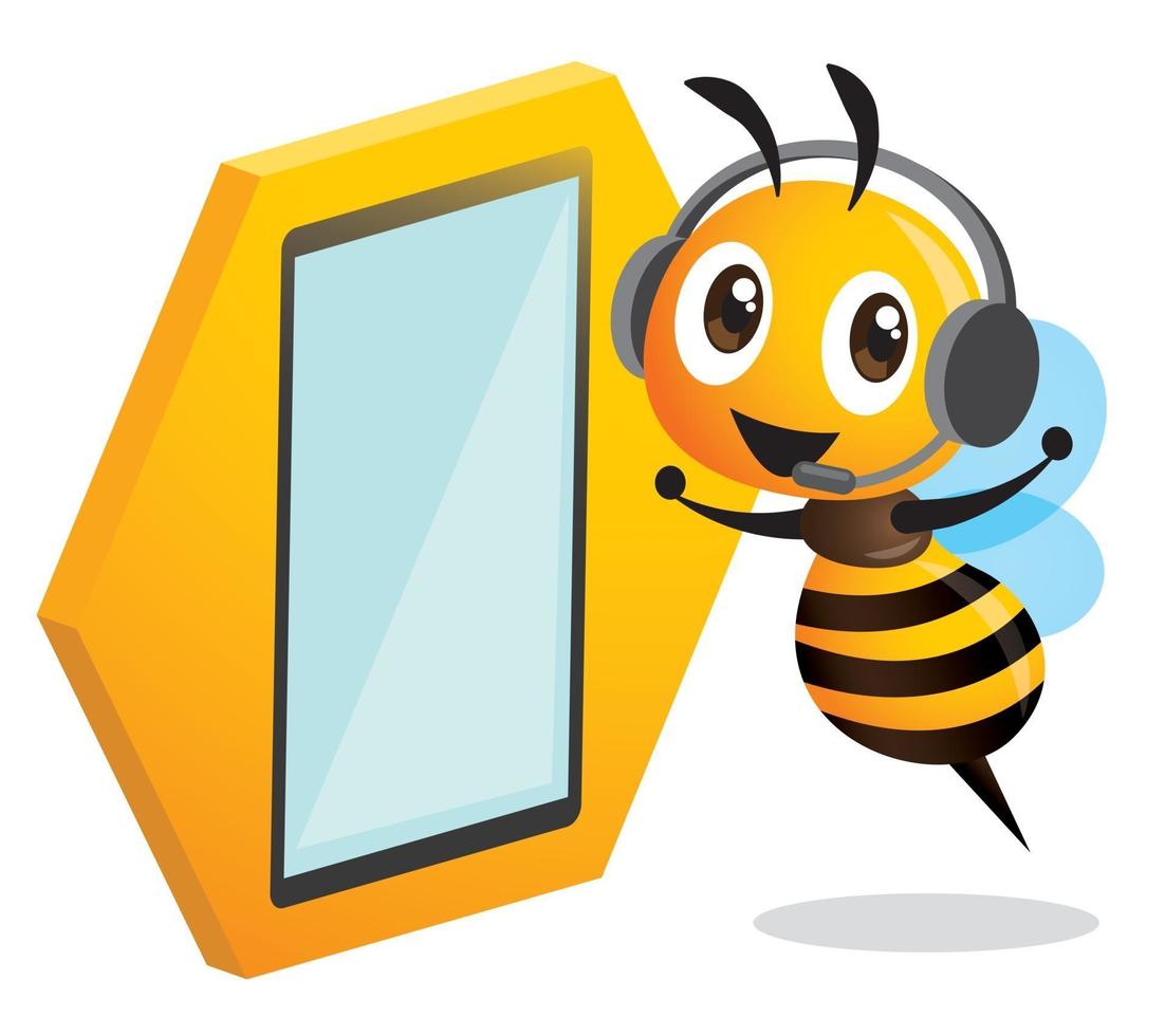 Cute operator bee wearing headset and stay beside LED touch screen standee vector