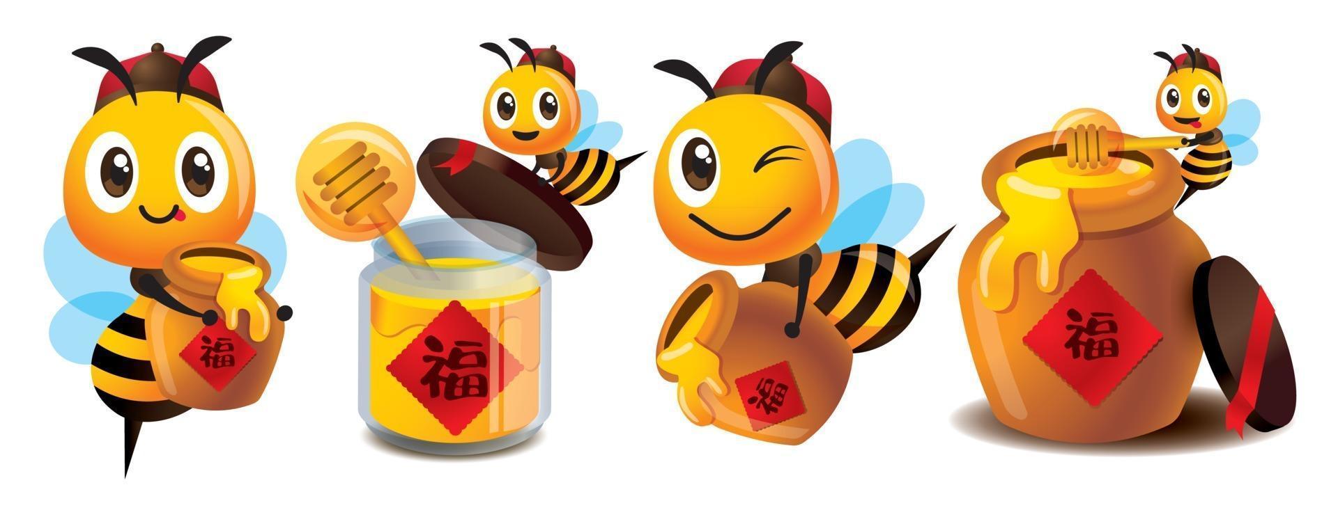 Cartoon cute bee celebrating chinese new year with Chinese couplet on honey pots vector