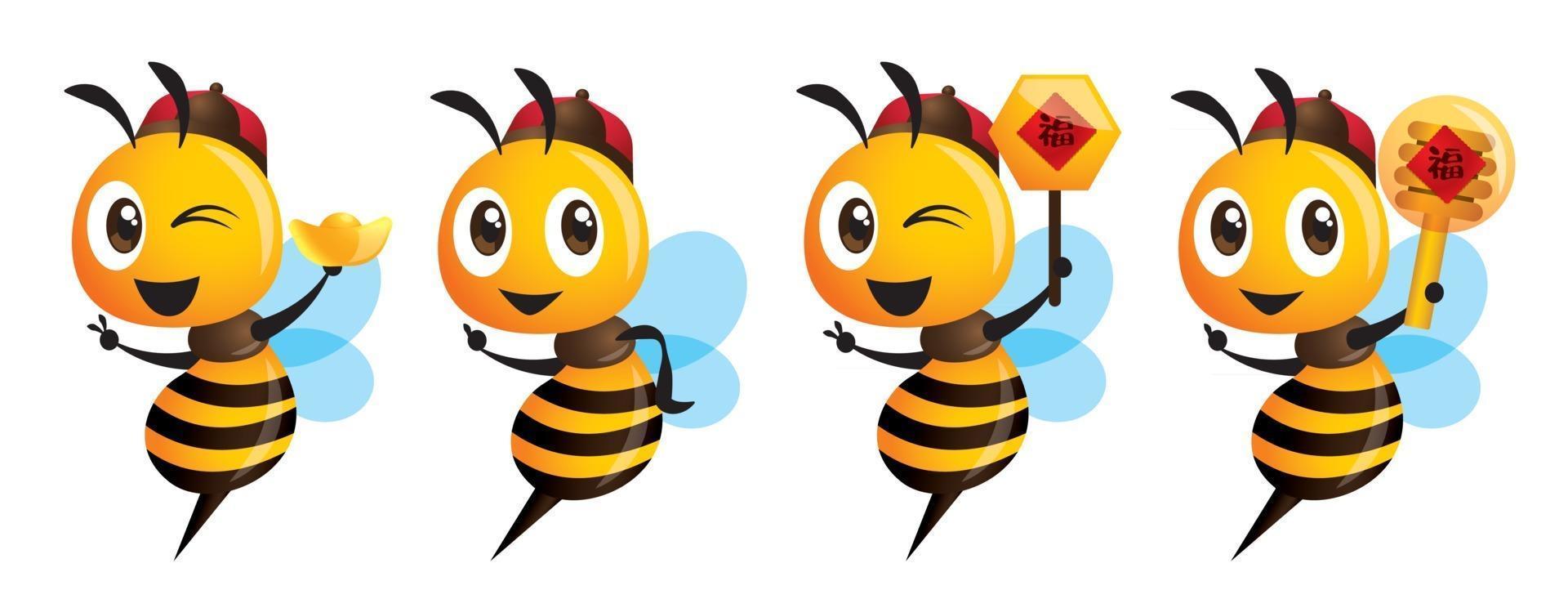 Cartoon cute bee holding gold ingot and honey dipper to celebrate Chinese New Year vector