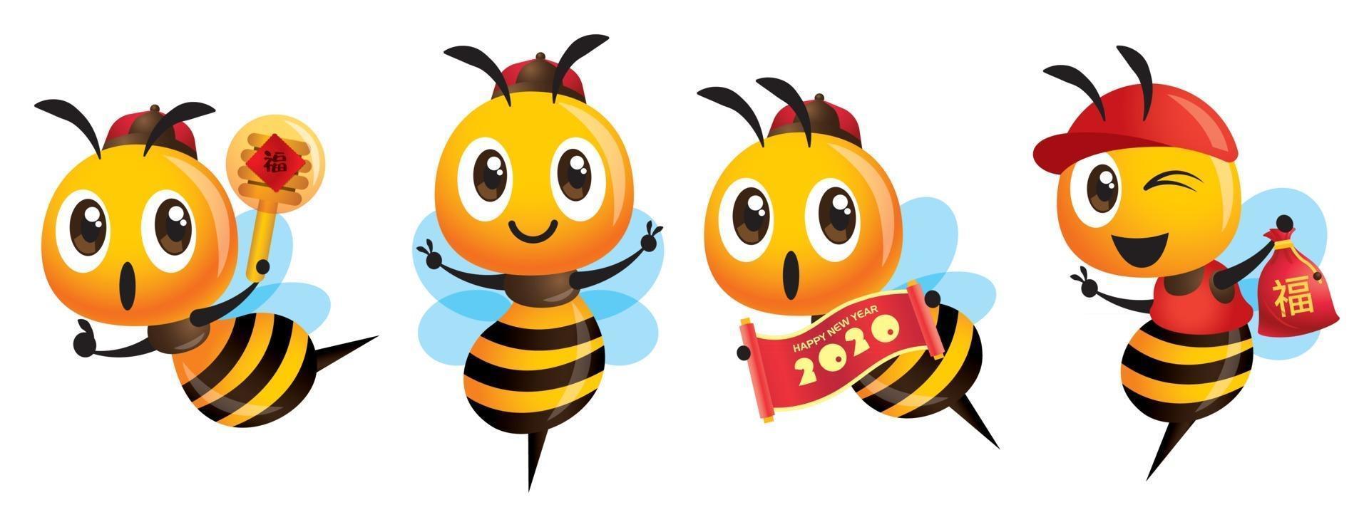 Cartoon cute bee mascot set with Chinese cap celebrating Chinese New Year vector