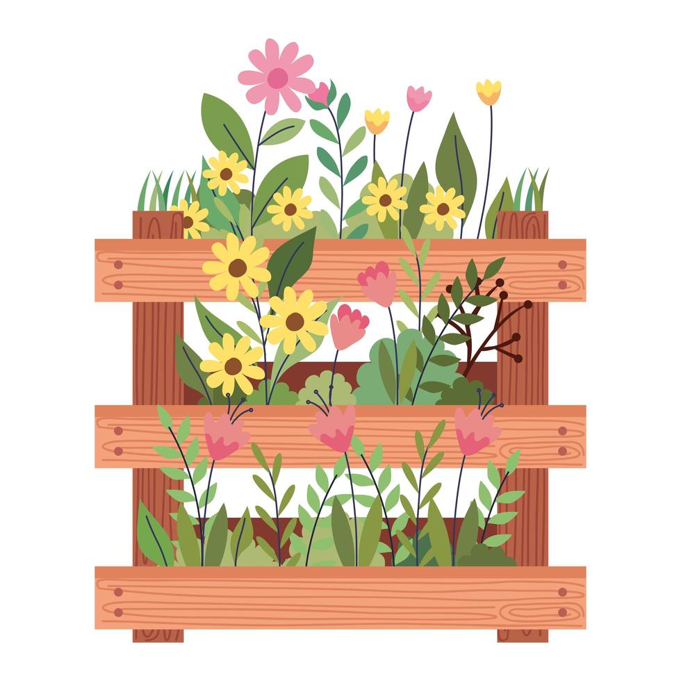 hermoso jardín de flores en caja de madera vector