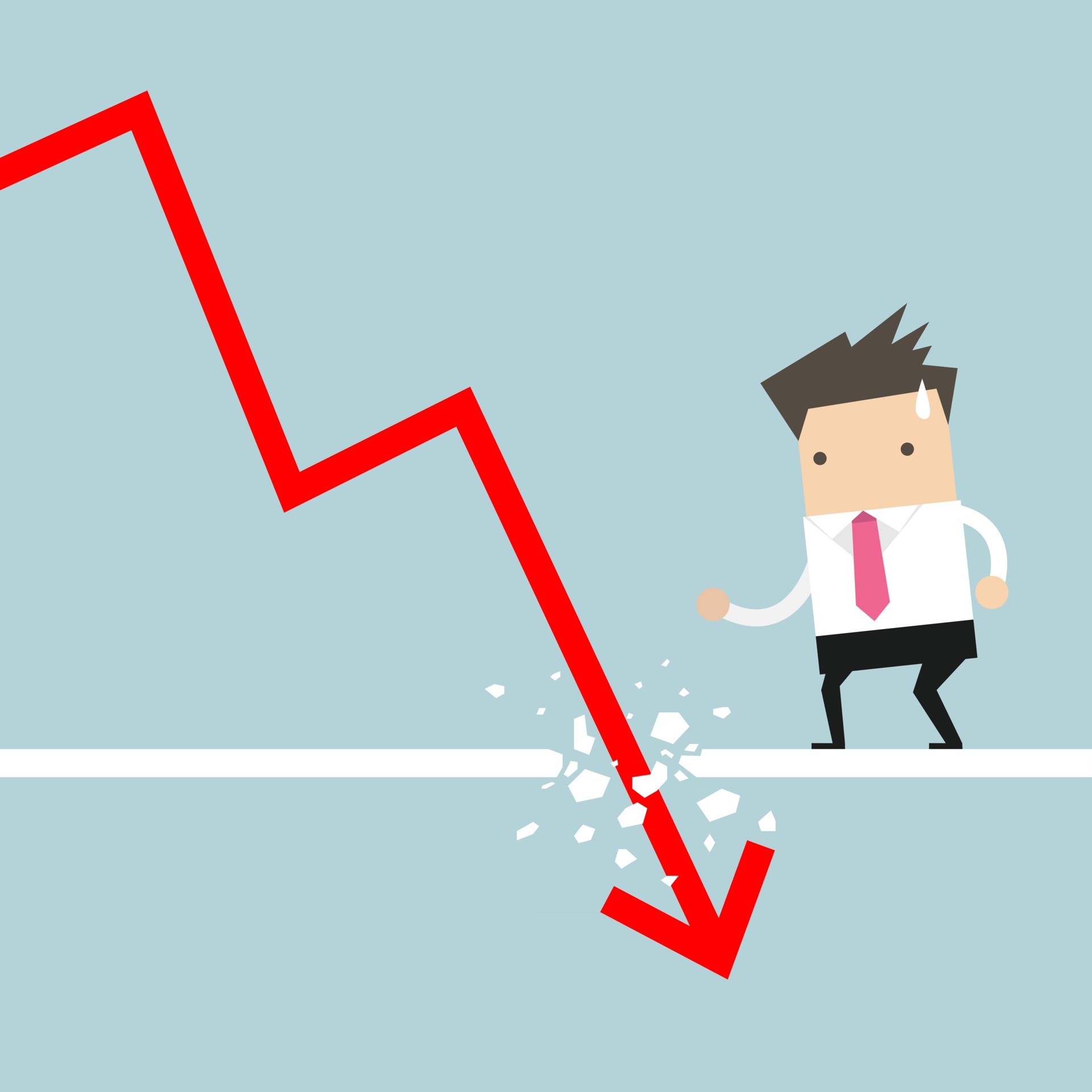 Businessman looking down at the falling arrow Economic Collapse