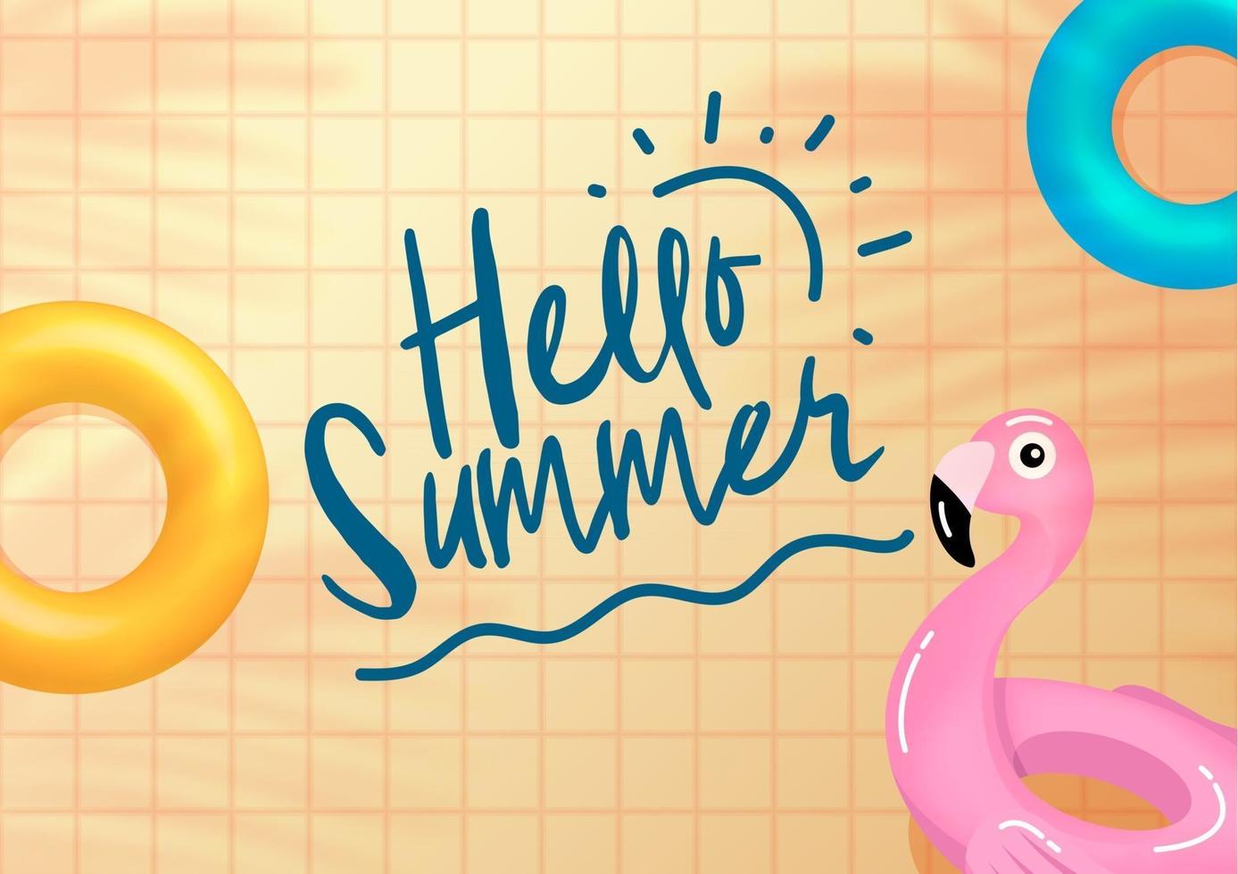 Hello Summer banner Yellow tiles with palm leaves and pool floats vector