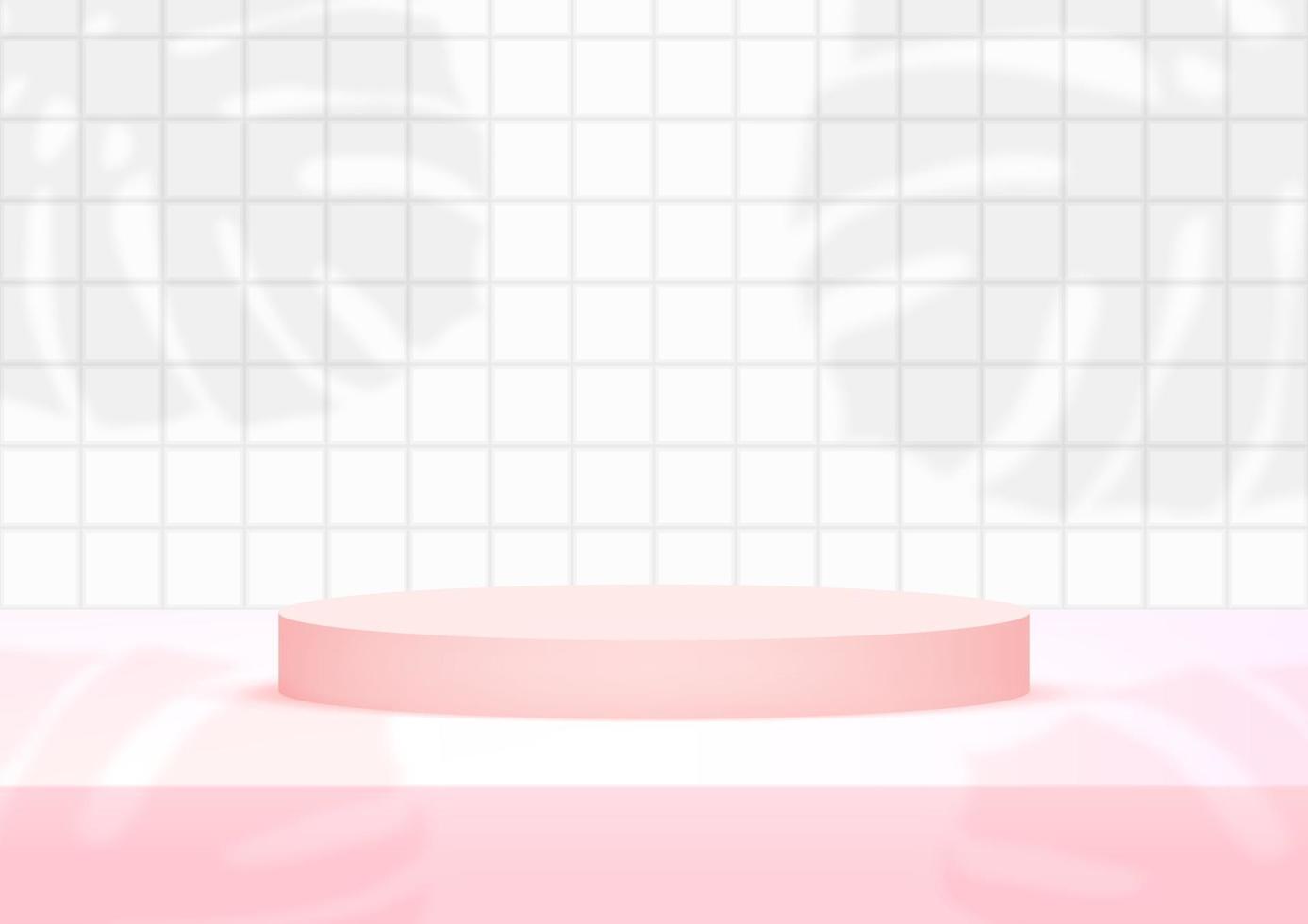 Podio vacío studio fondo de azulejos de color rosa y blanco con sombra de hojas de monstera para la exhibición del producto vector