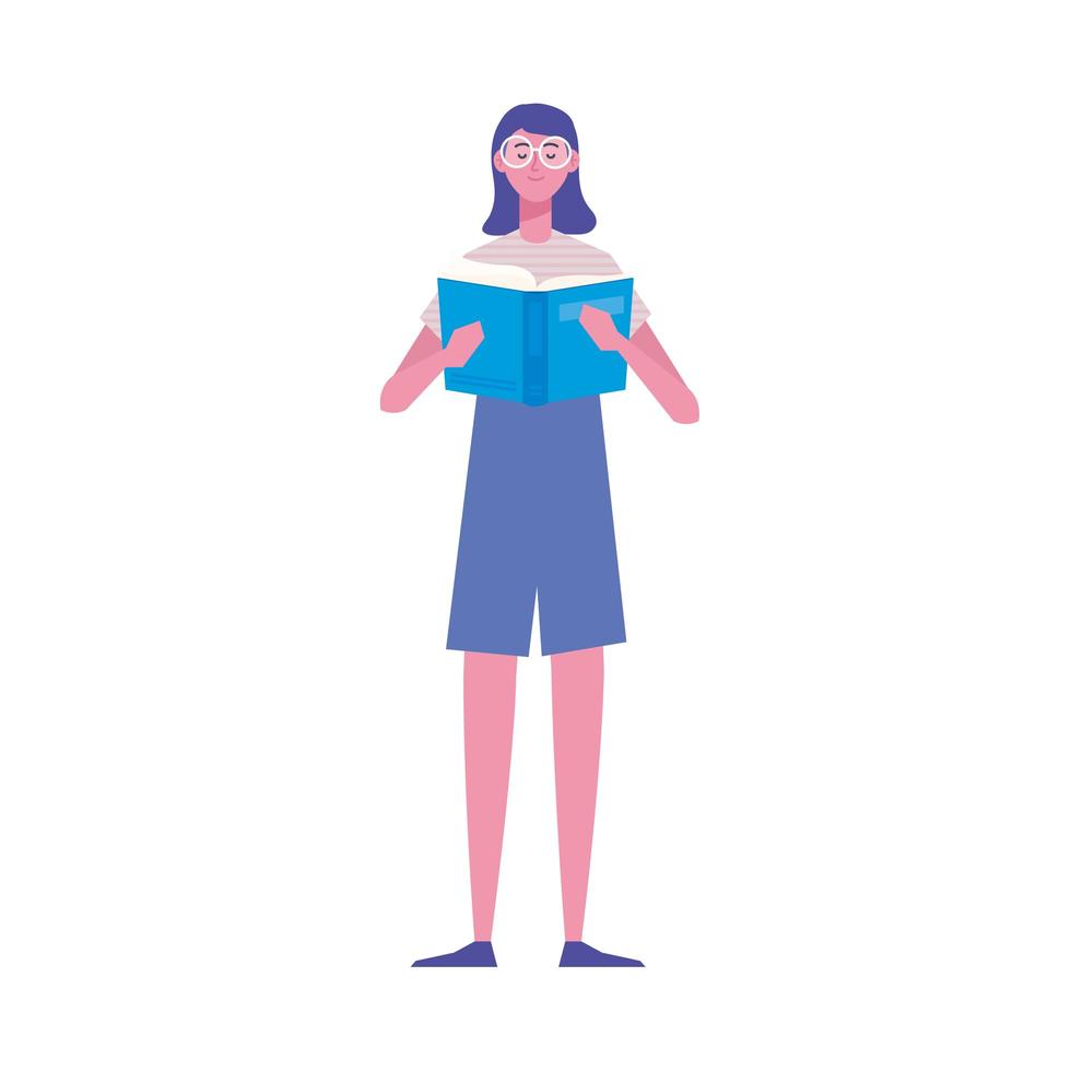 female reader standing reading book character vector