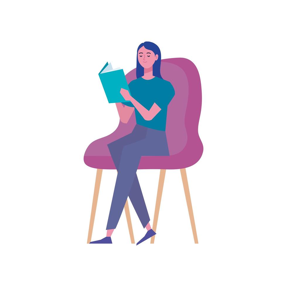 female reader reading book seated in chair character vector