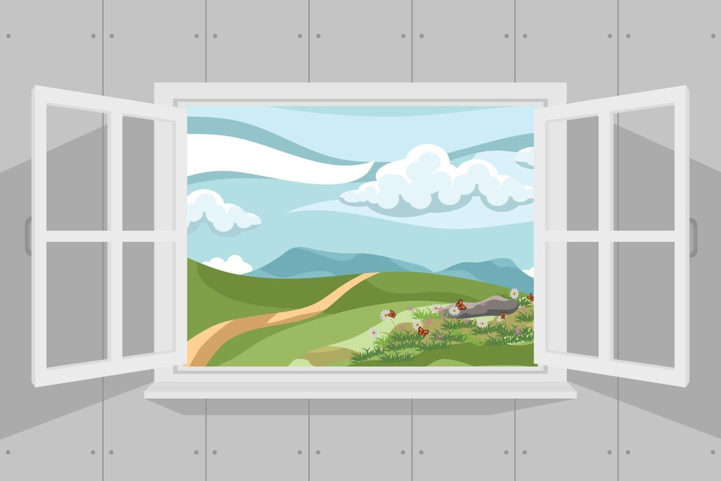 ventana abierta con hermoso paisaje de verano vector