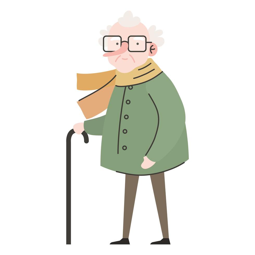 cute granfather member with cane and eyeglasses character vector