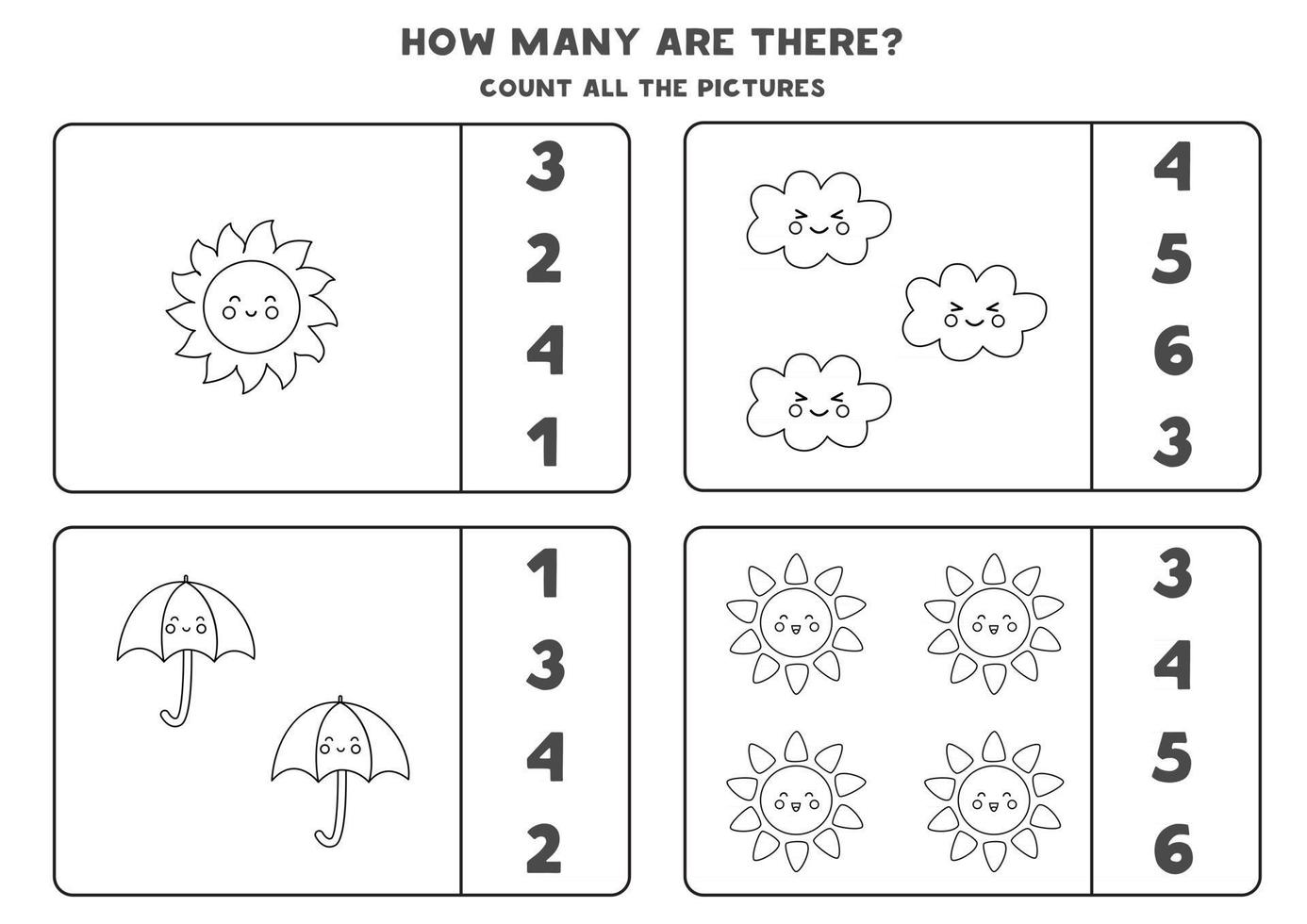 Counting game with cute weather elements Math worksheet vector