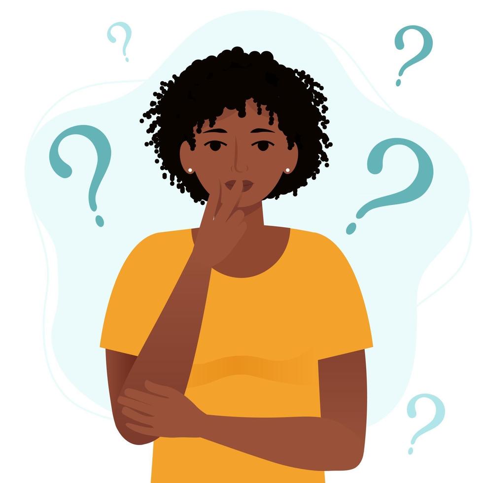 Thinking african woman with question marks vector