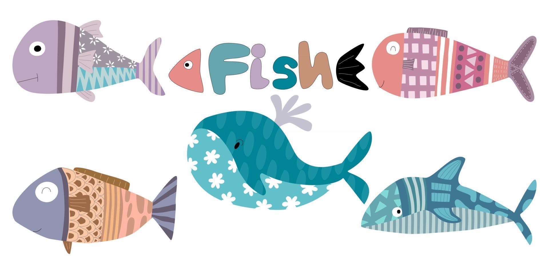 colección de motivos de peces de colores diseñados con estilo doodle vector