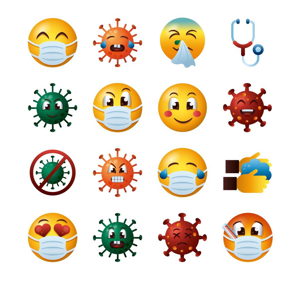 bundle of covid19 emojis set icons vector
