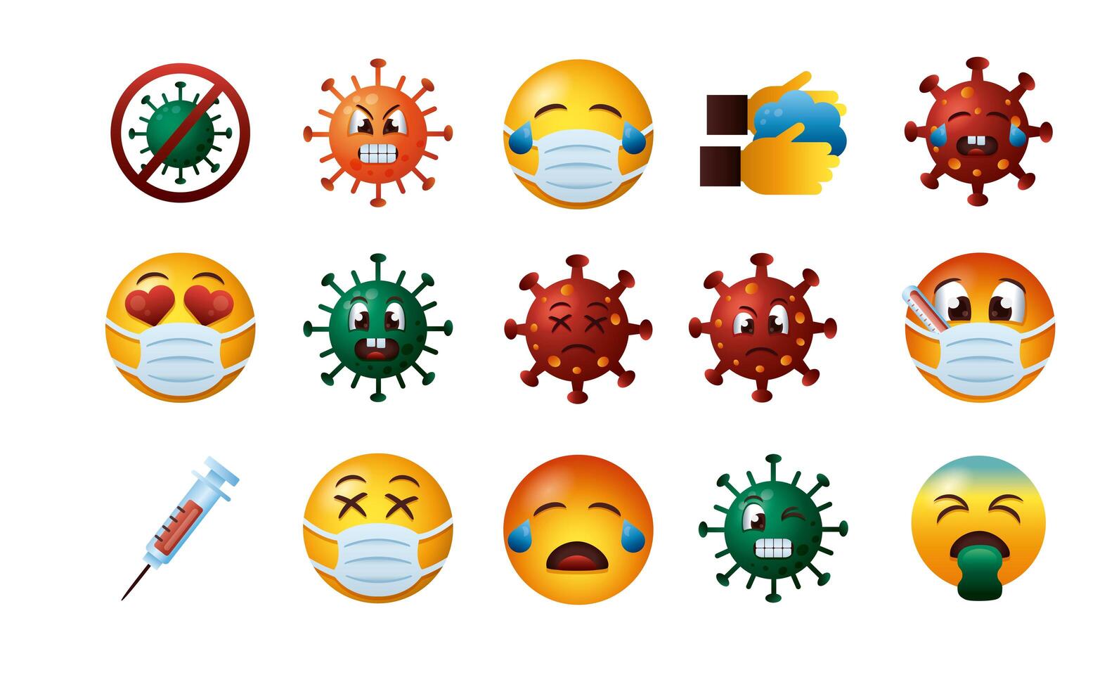bundle of covid19 emojis set icons vector