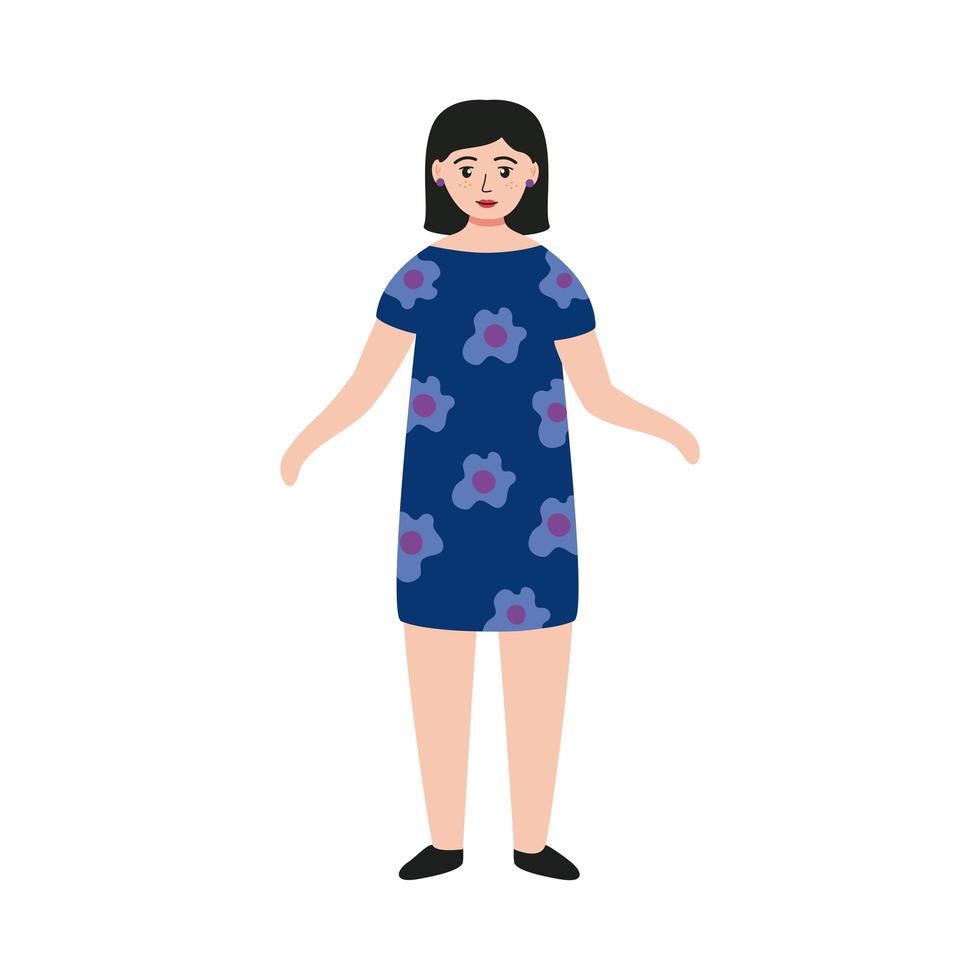 Mujer joven de pie con carácter vestido azul y flores vector