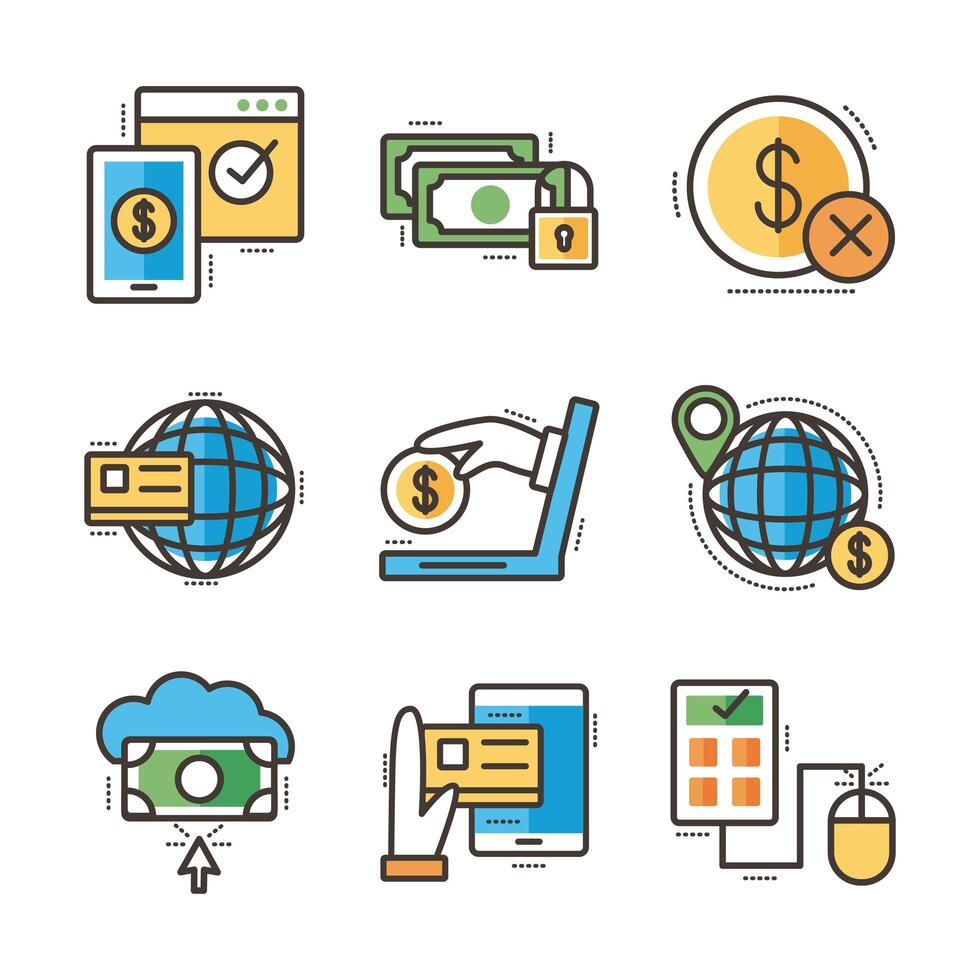 bundle of online banking set icons vector