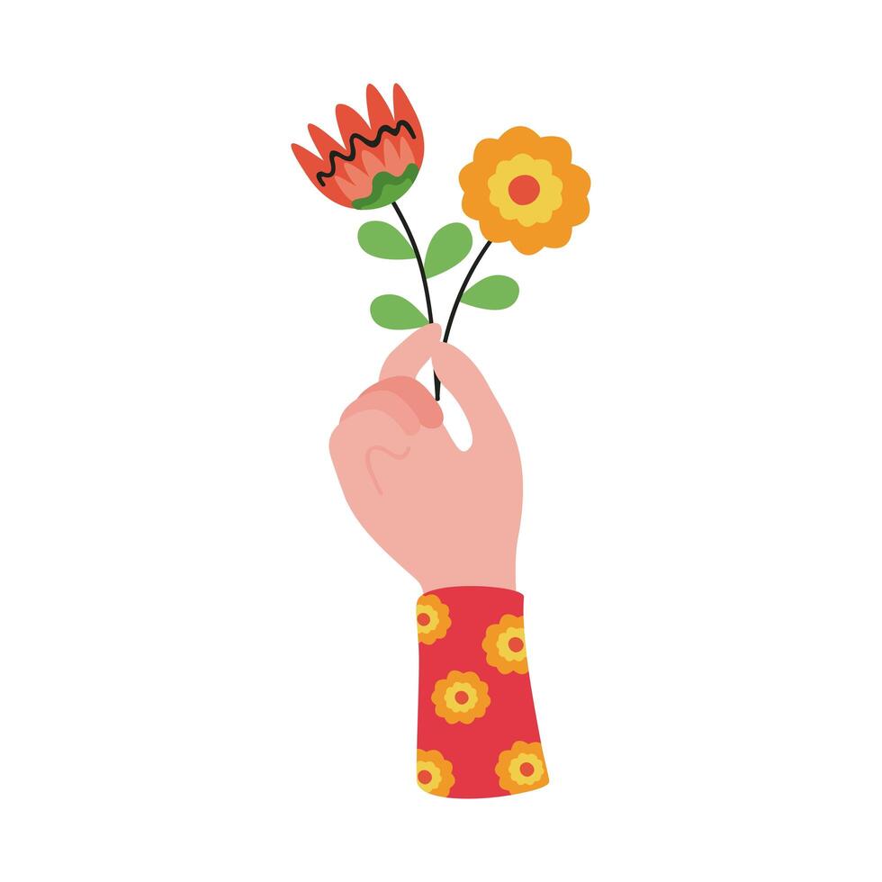 mano levantando hermosas flores y hojas decoracion vector