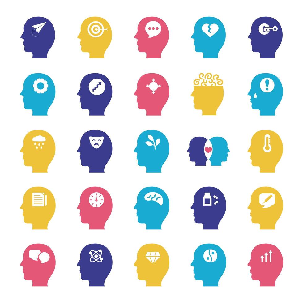 bundle of profiles mental health silhouette style icon vector
