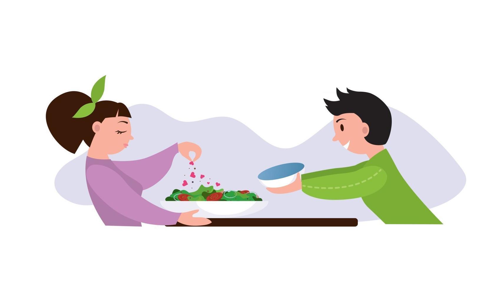 Homemade salad food made with love cooking at home romantic dinner at home Happy couple Dating time Vector flat cartoon illustration isolated on white background