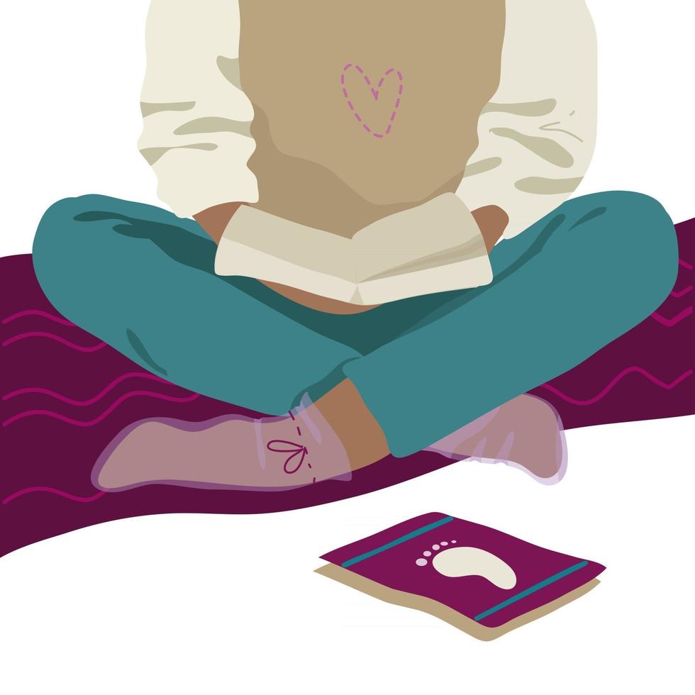 Foot mask Concept of skin care and beauty procedures Woman reading a book while wearing foot mask socks Spa procedures at home vector