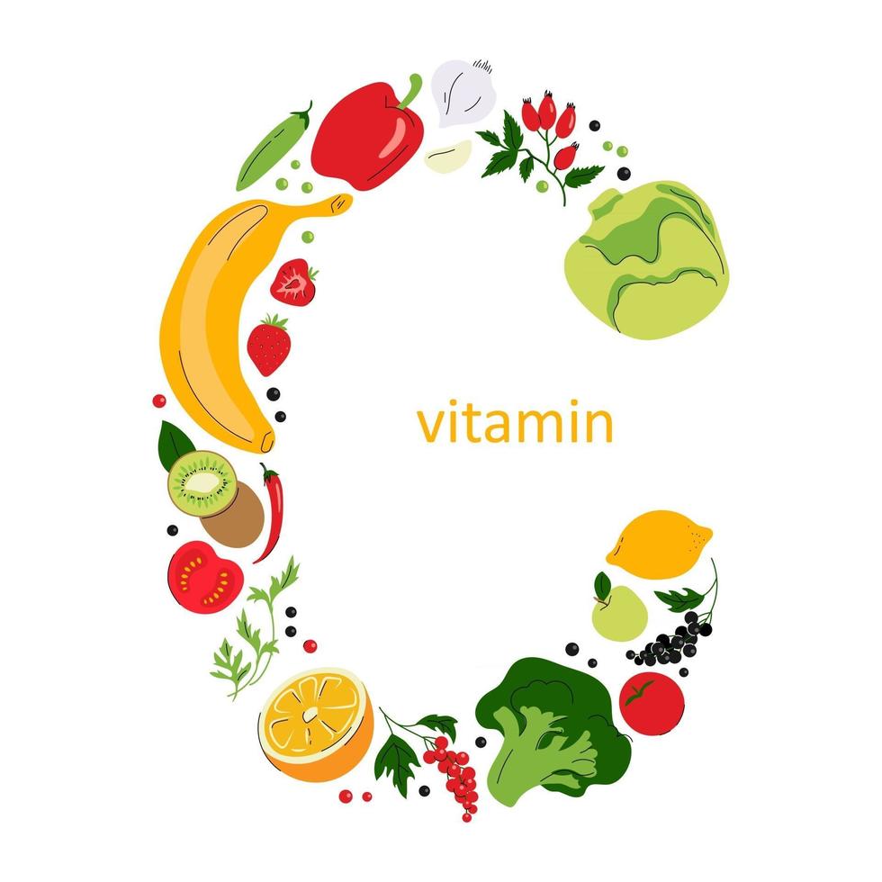 Signo de vitamina c con frutas y verduras composición de la letra c colección de fuentes de vitamina c concepto de alimentos saludables vector