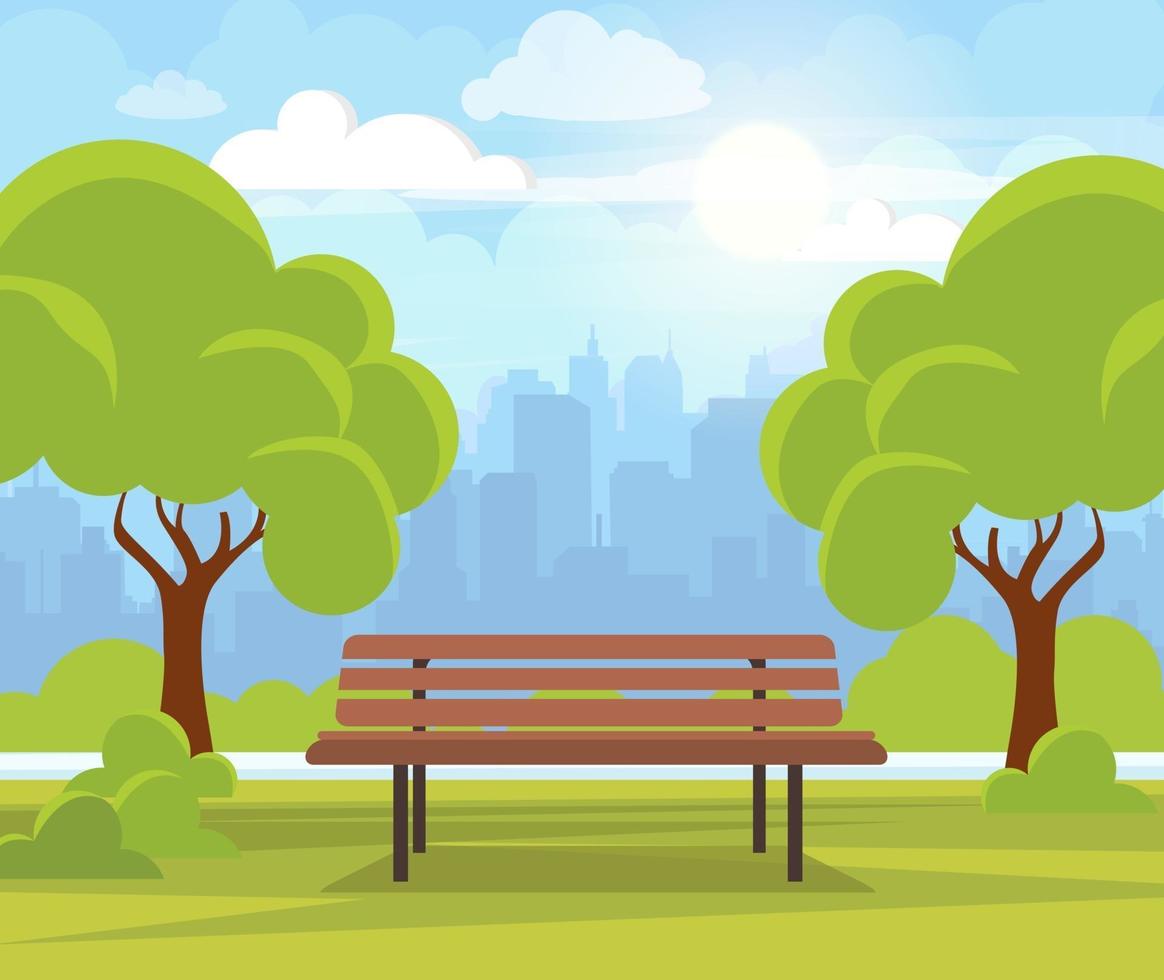 parque de verano de la ciudad con árboles verdes banco ciudad y parque de la ciudad paisaje naturaleza dibujos animados vector ilustración