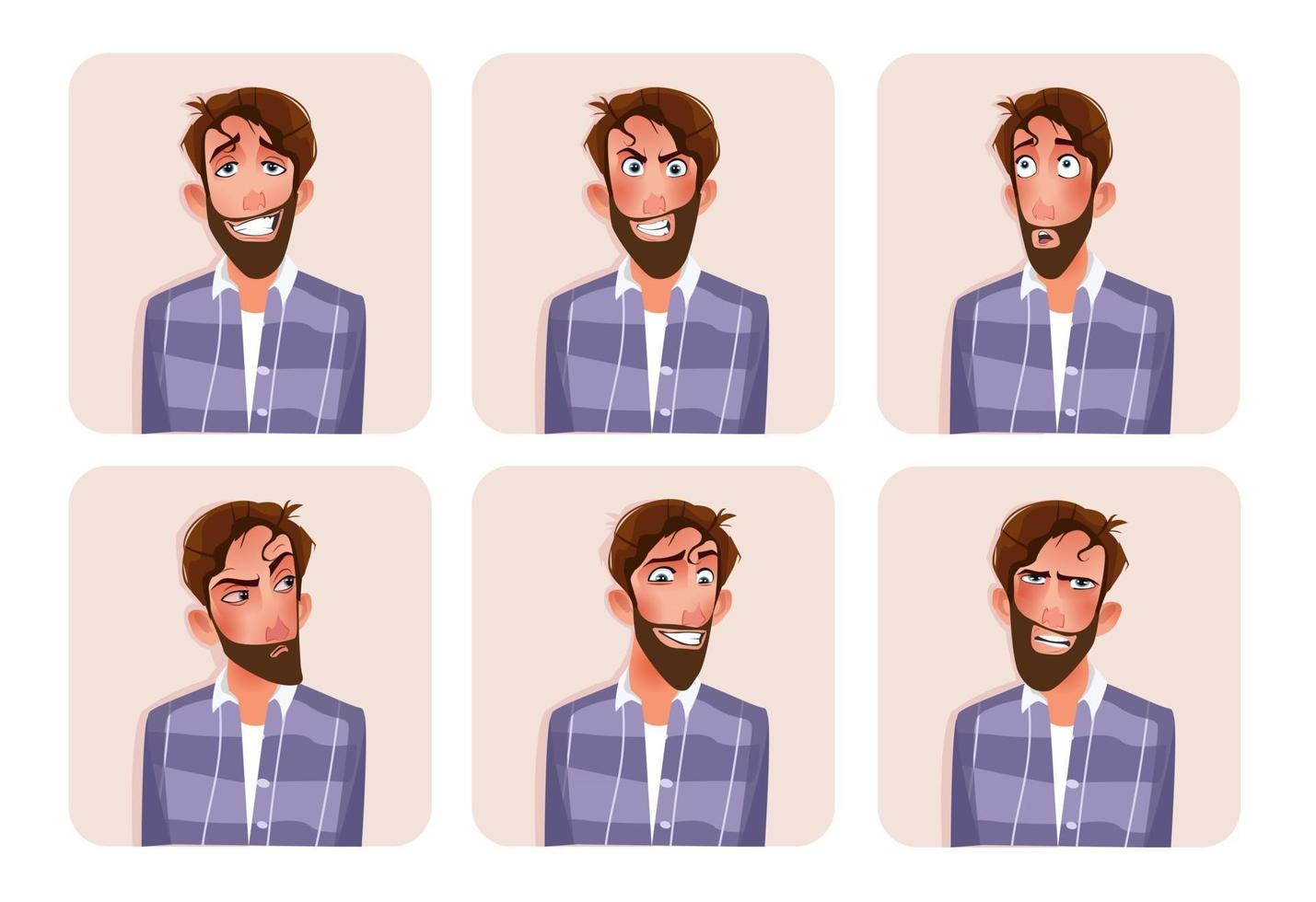 Big set of  male emoticons Man avatars showing different emotions Happy smile sad angry love surprised upset laugh facial expressions Cartoon style vector illustration