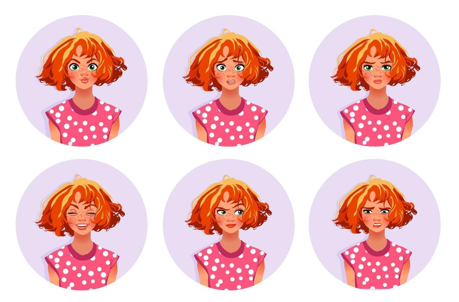 expresiones faciales de mujer linda chica con diversas emociones vector ilustración plana seis caras emocionales para pegatinas en el diseño de personajes de dibujos animados aislado sobre fondo blanco