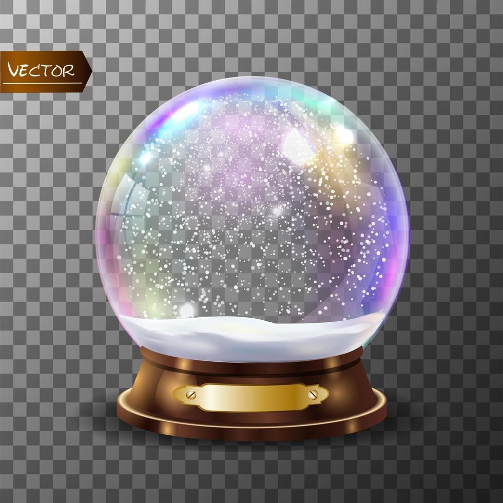 Esfera de cristal de vector de globo de nieve clásico 3d con resplandores y reflejos aislados en la ilustración de fondo transparente