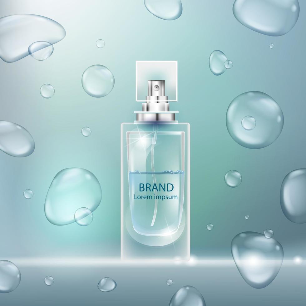 Vector illustration of a realistic style perfume in a glass bottle with bubbles