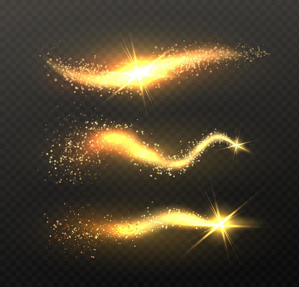 Sparkle stardust Golden glittering magic vector waves with gold particles isolated on black background Glitter bright trail glowing wave shimmer bright universe Vector illustration