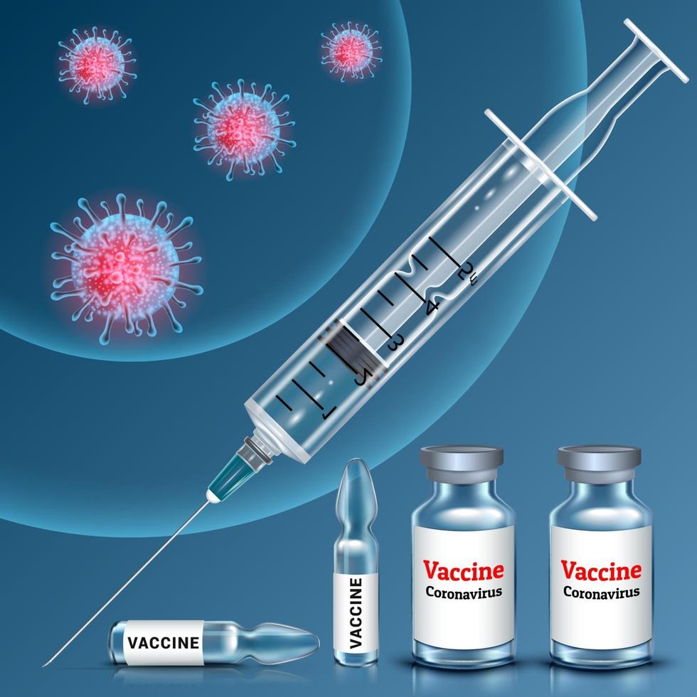 vacunación médica banner jeringa y ampollas con vacuna contra el coronavirus que previenen una segunda ola de infección por covid 19 ilustración vectorial realista 3d vector