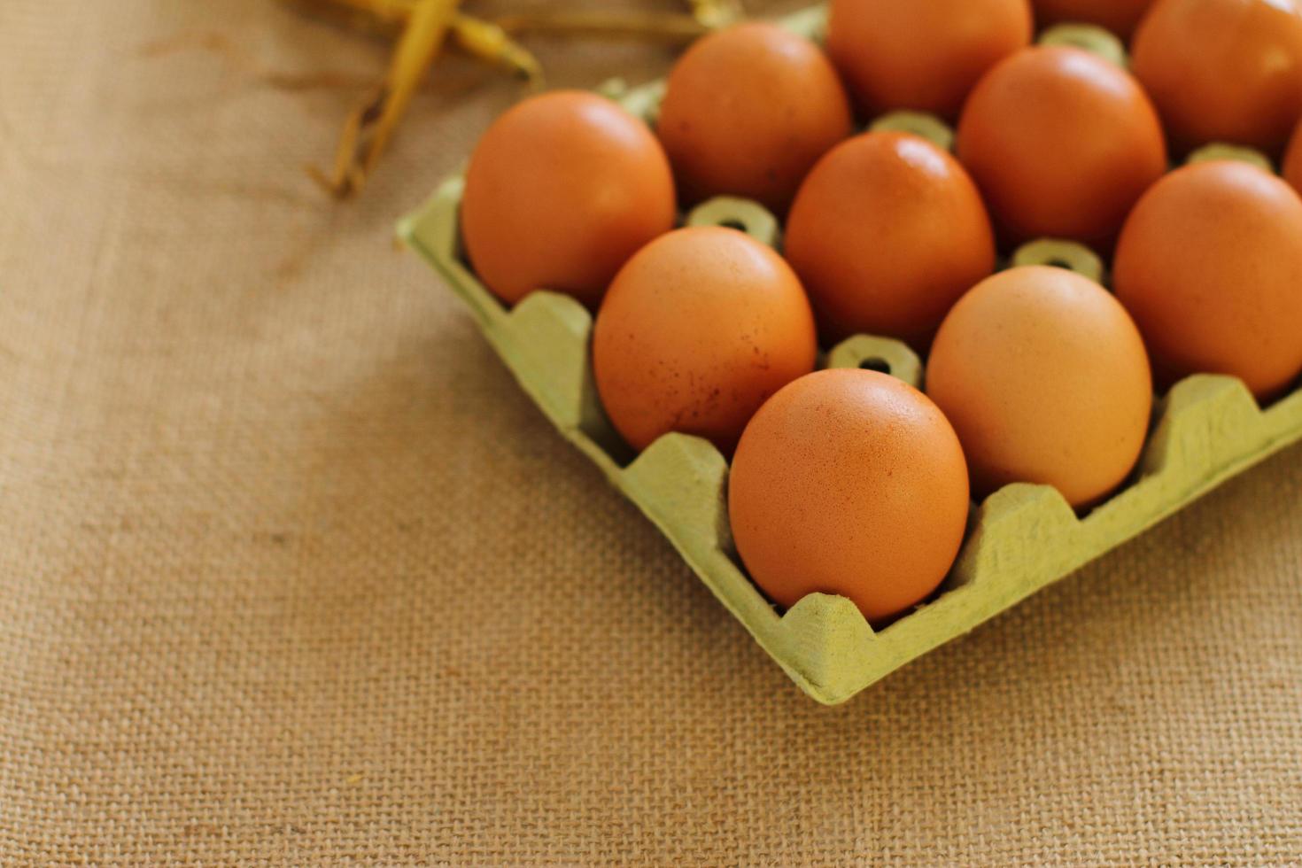 Tray of raw farm eggs on sackcloth background photo