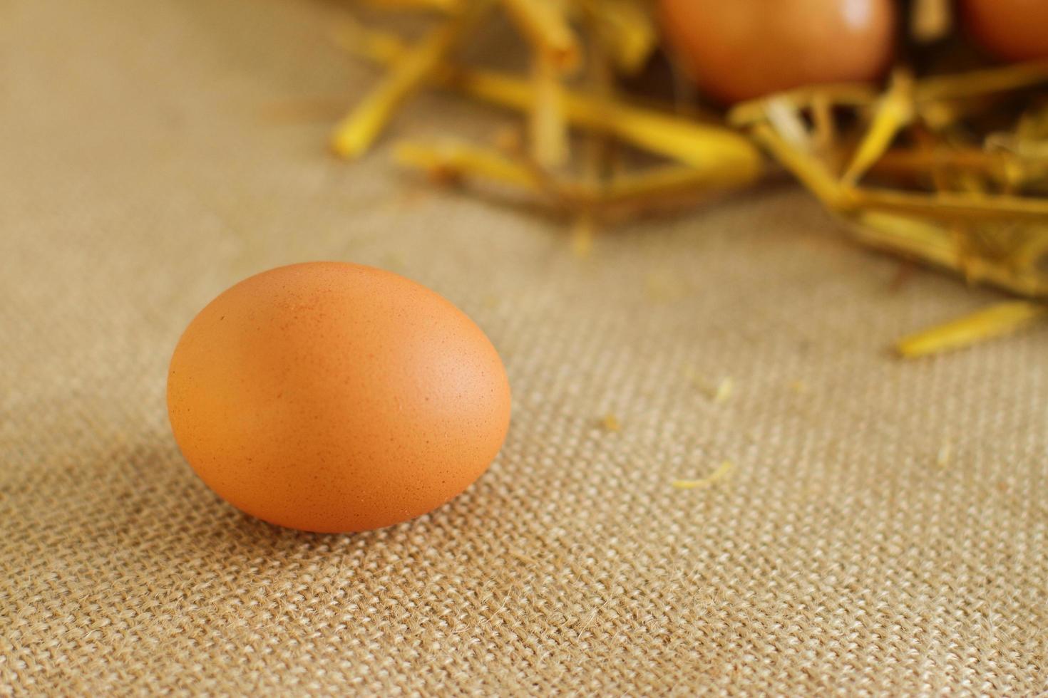 Bandeja de huevos de granja crudos sobre fondo de tela de saco foto