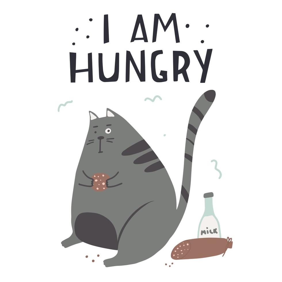 Guilty cat color flat hand drawn vector character Quote I am hungry