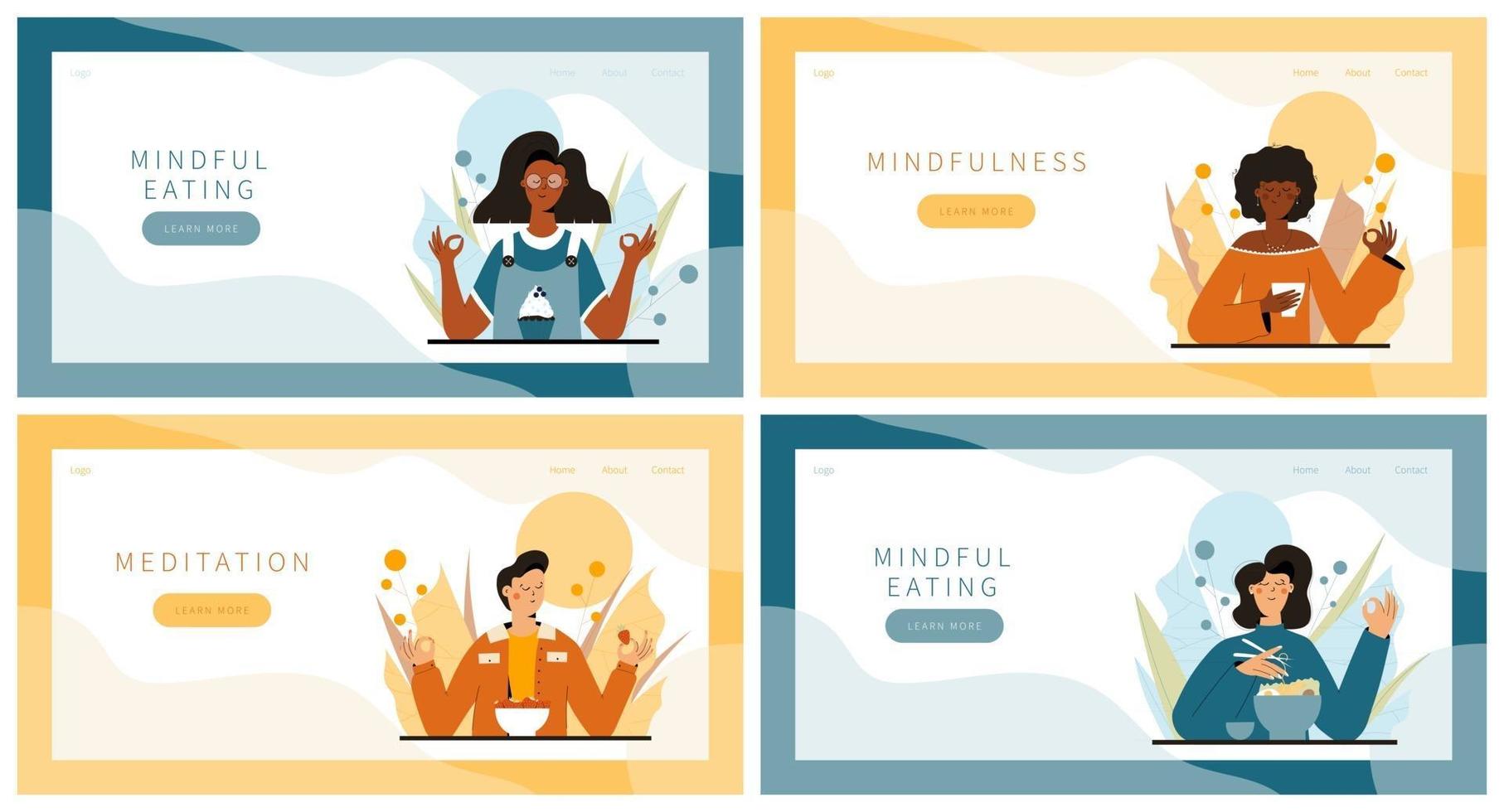 Set of landing pages with people practicing mindful walking exercise in nature and leaves Concept illustration for meditation relax recreation healthy lifestyle mindfulness practice spiritual discipline vector