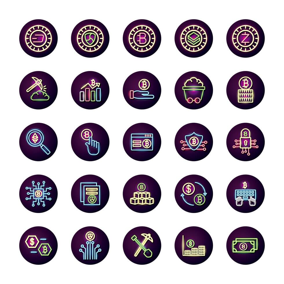 bundle of crypto currency icons neon style vector