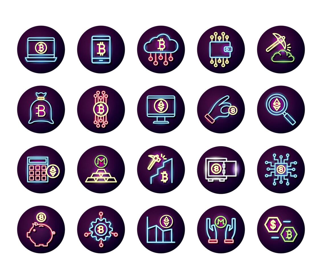 bundle of crypto currency icons neon style vector