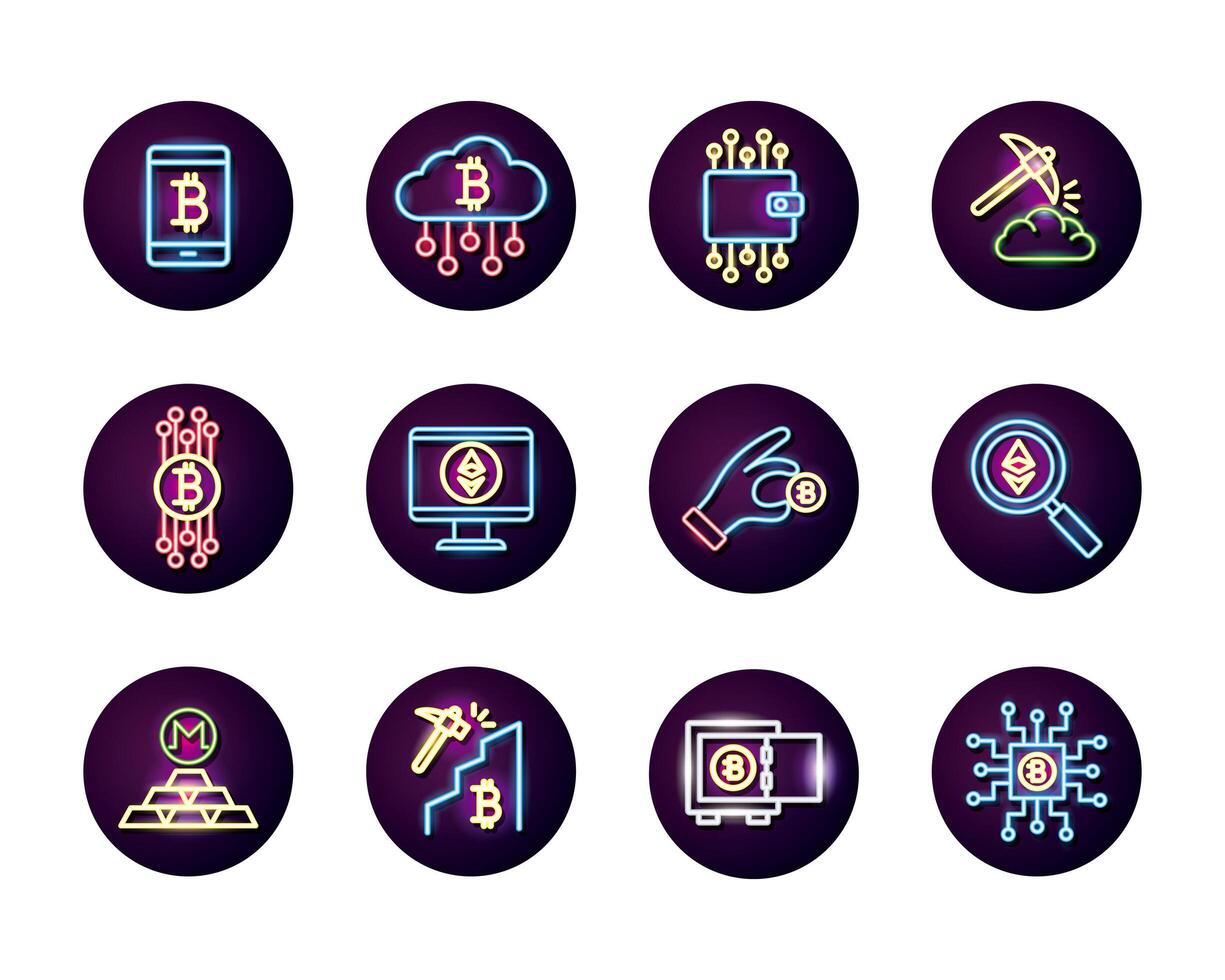 bundle of crypto currency icons neon style vector