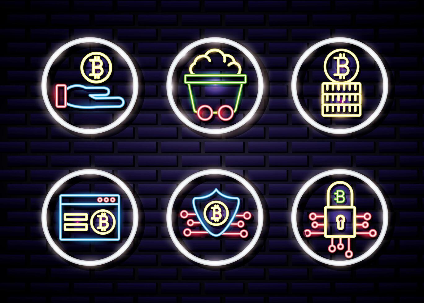 bundle of crypto currency icons neon style vector