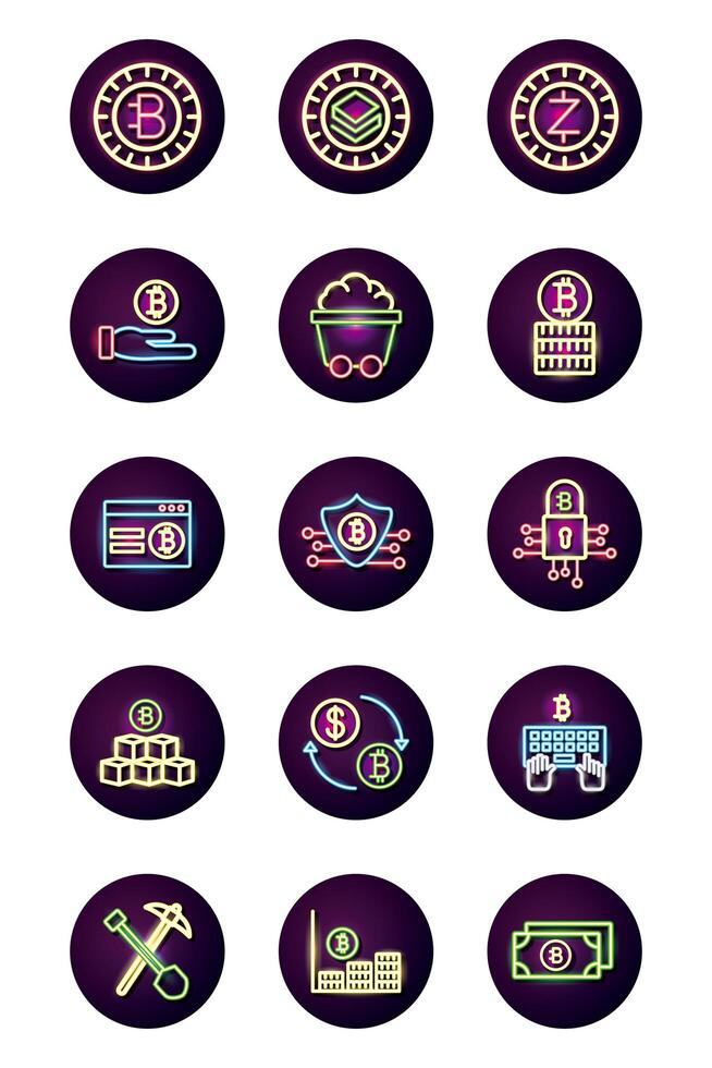 bundle of crypto currency icons neon style vector