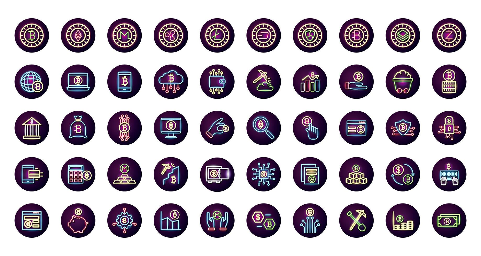 bundle of crypto currency icons neon style vector