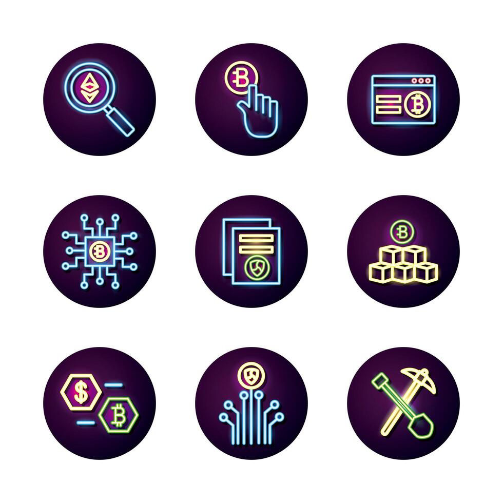 bundle of crypto currency icons neon style vector