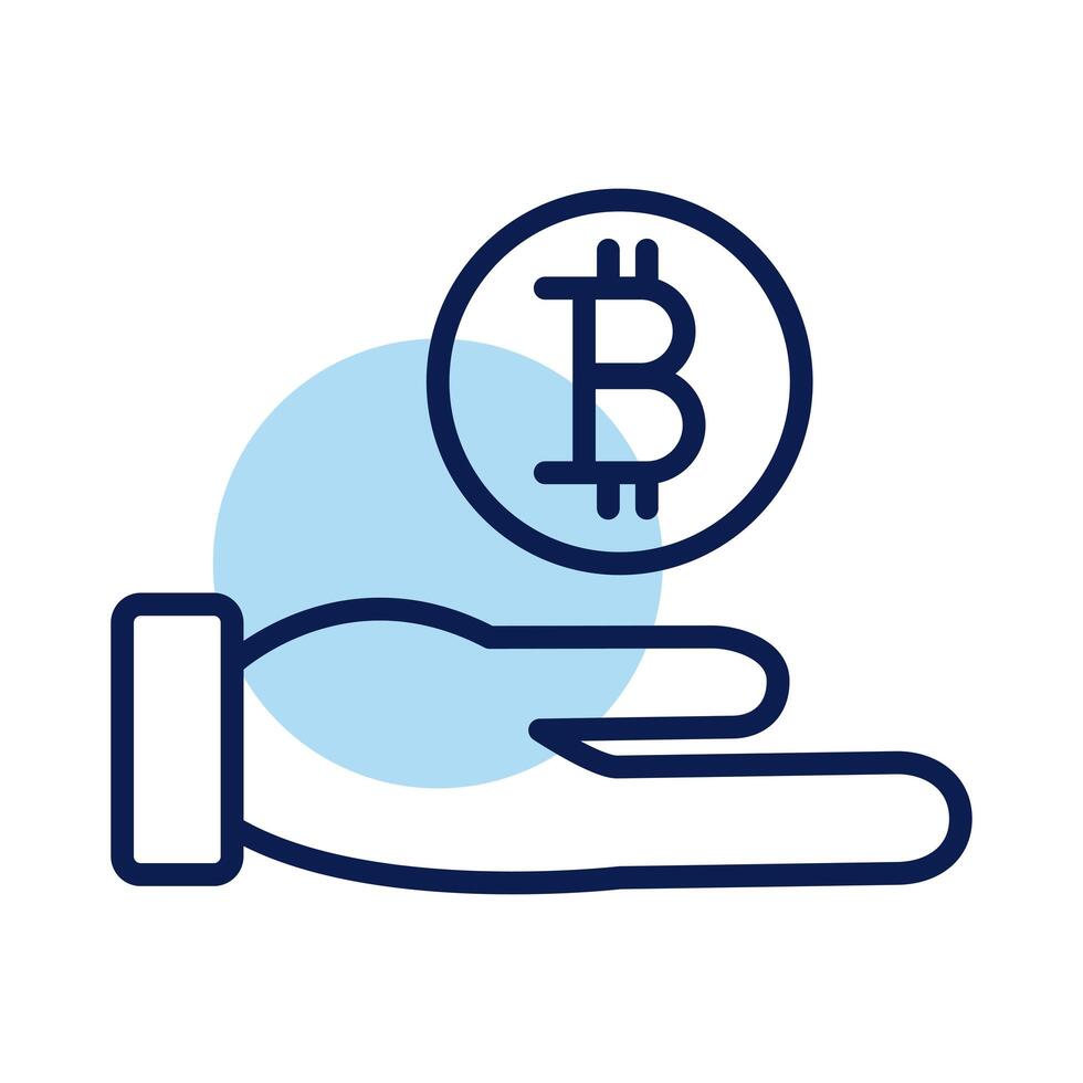 hand lifting bitcoin crypto currency line style icon vector