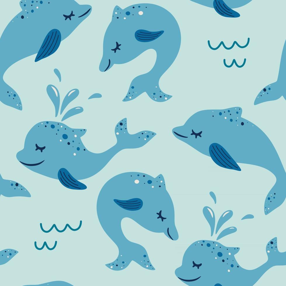 Seamless pattern with dolphin Marine theme ocean Suitable for fabric wallpaper clothing baby print Vector cute blue background