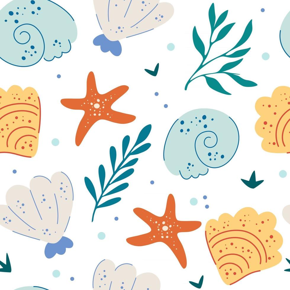 Sea shells and starfish seamless pattern Cute ocean background Fun underwater background great for ocean themes beach fabrics summer textiles or background wallpapers Flat vector illustration