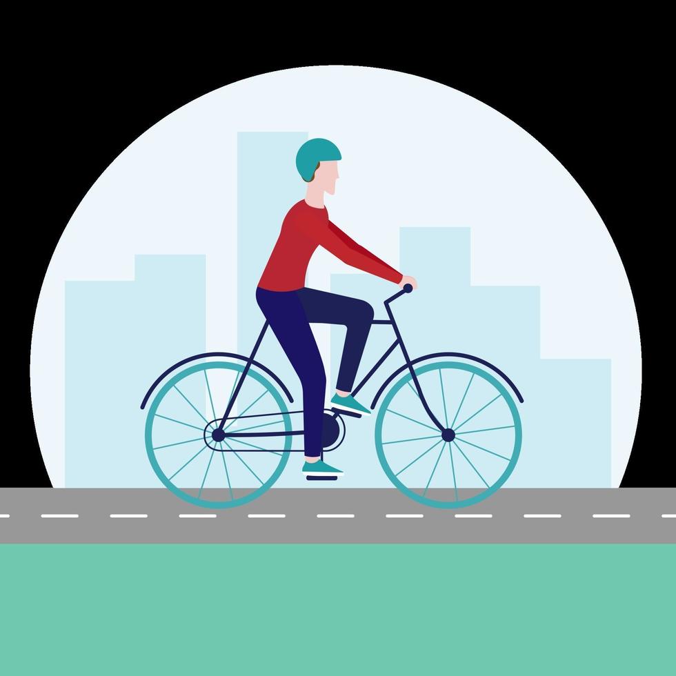 hombre joven en bicicleta en una ilustración plana de la ciudad vector